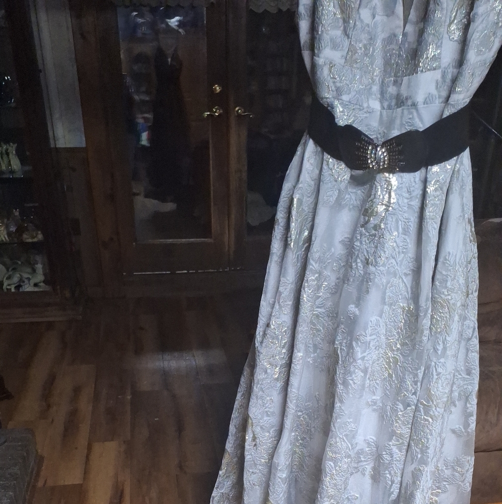 Elegant Silver and Gold Brocade Eveing Gown